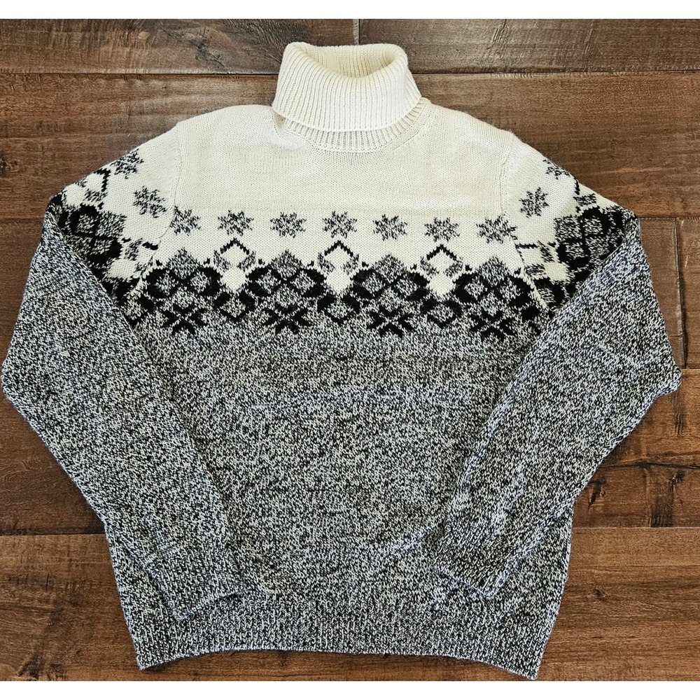 Nordic Fair Isle Turtleneck Sweater L Made in Italy Preppy Cozy Snowflake Knit